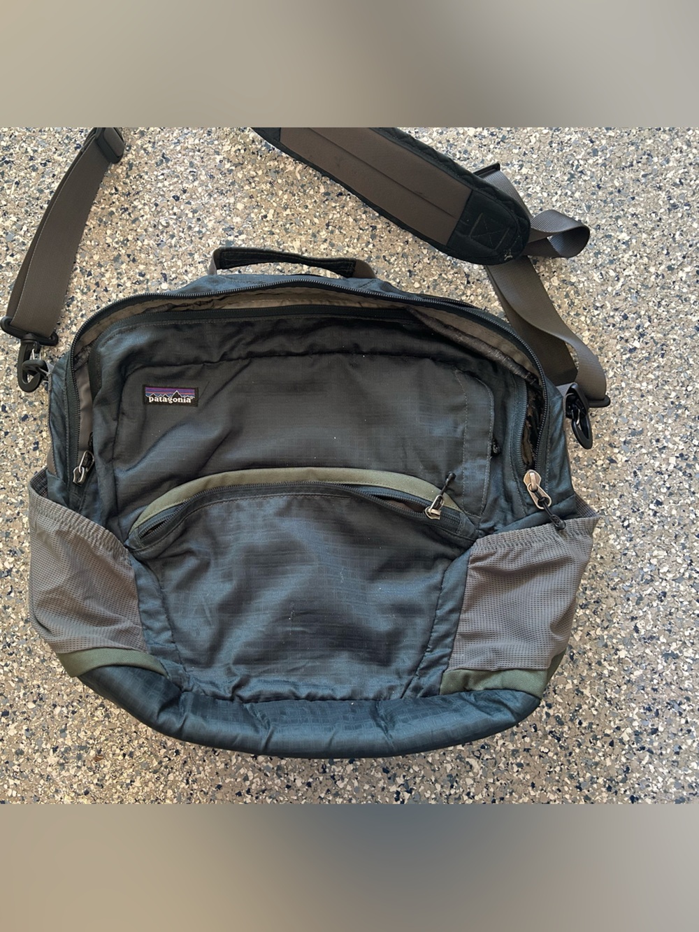 Patagonia Black and Olive Green Messenger Sling Bag